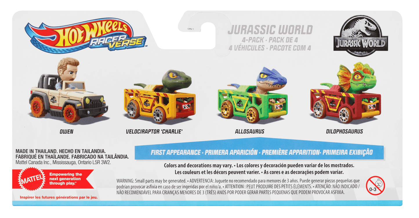 Hot Wheels RacerVerse Veh¨ªculo de Juguete Cuatro Autos de Carrera Jurassic World