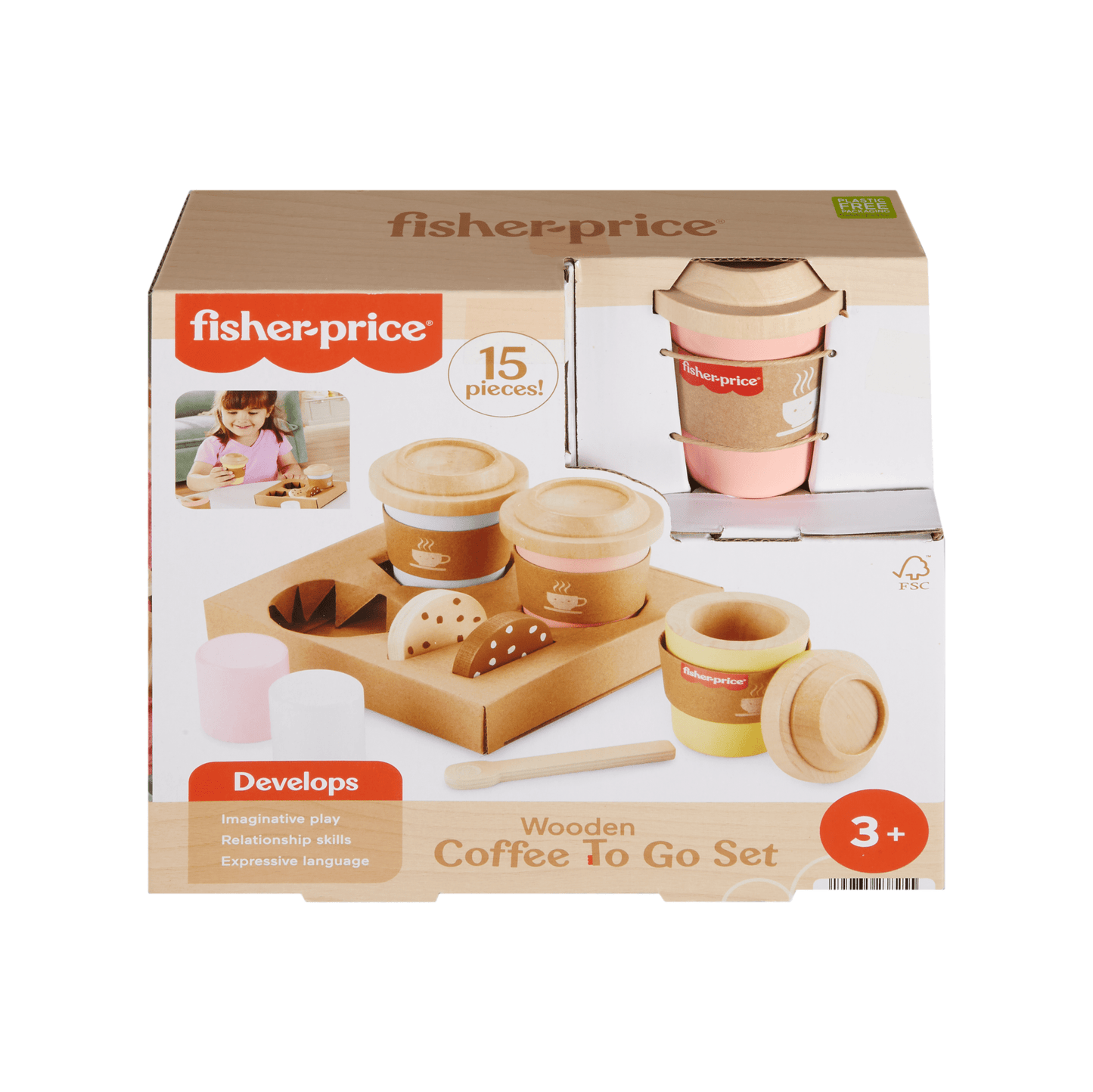 Fisher-Price Wooden Coffee To Go Set, 15-Piece Caf¨¦ Shop Playset Preschool Role-Play