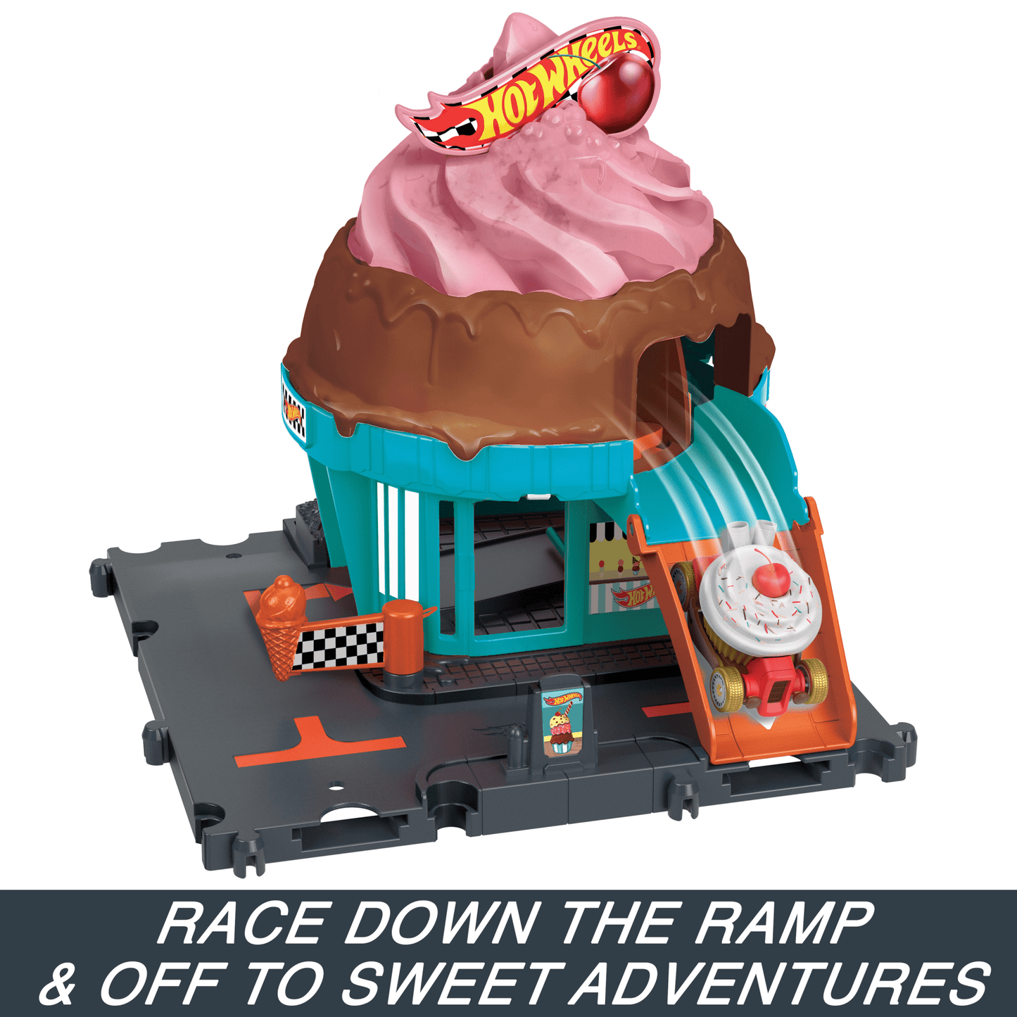 Hot Wheels City Downtown Ice Cream Swirl Playset From The Series ¡°Let's Race¡± With 1 Toy Car