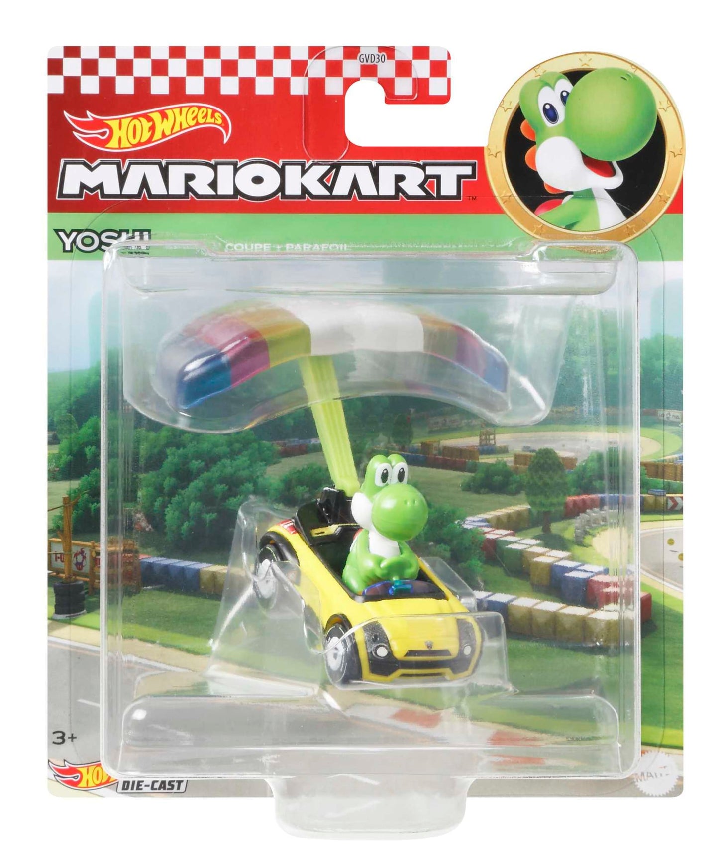 Hot Wheels Mario Kart Veh¨ªculo de Juguete Yoshi Sports Coupe con Paraca¨ªdas