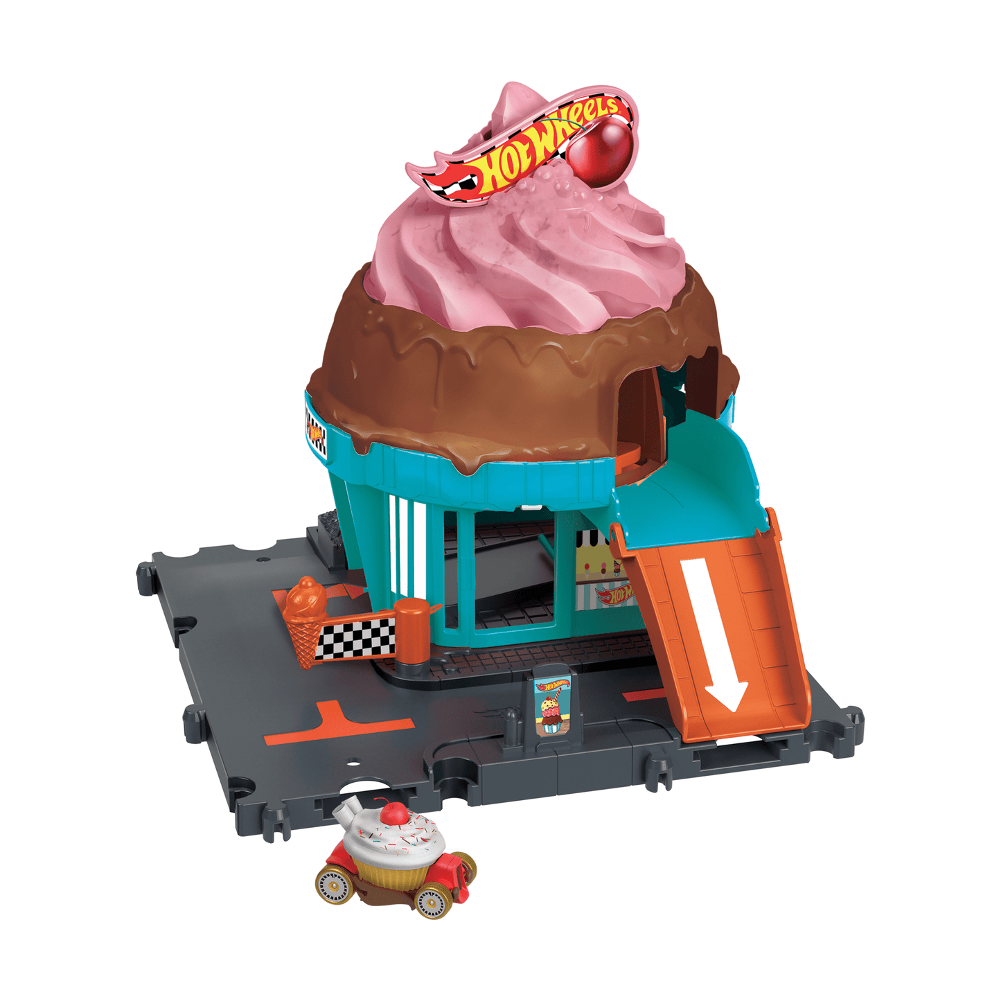 Hot Wheels City Downtown Ice Cream Swirl Playset From The Series ¡°Let's Race¡± With 1 Toy Car