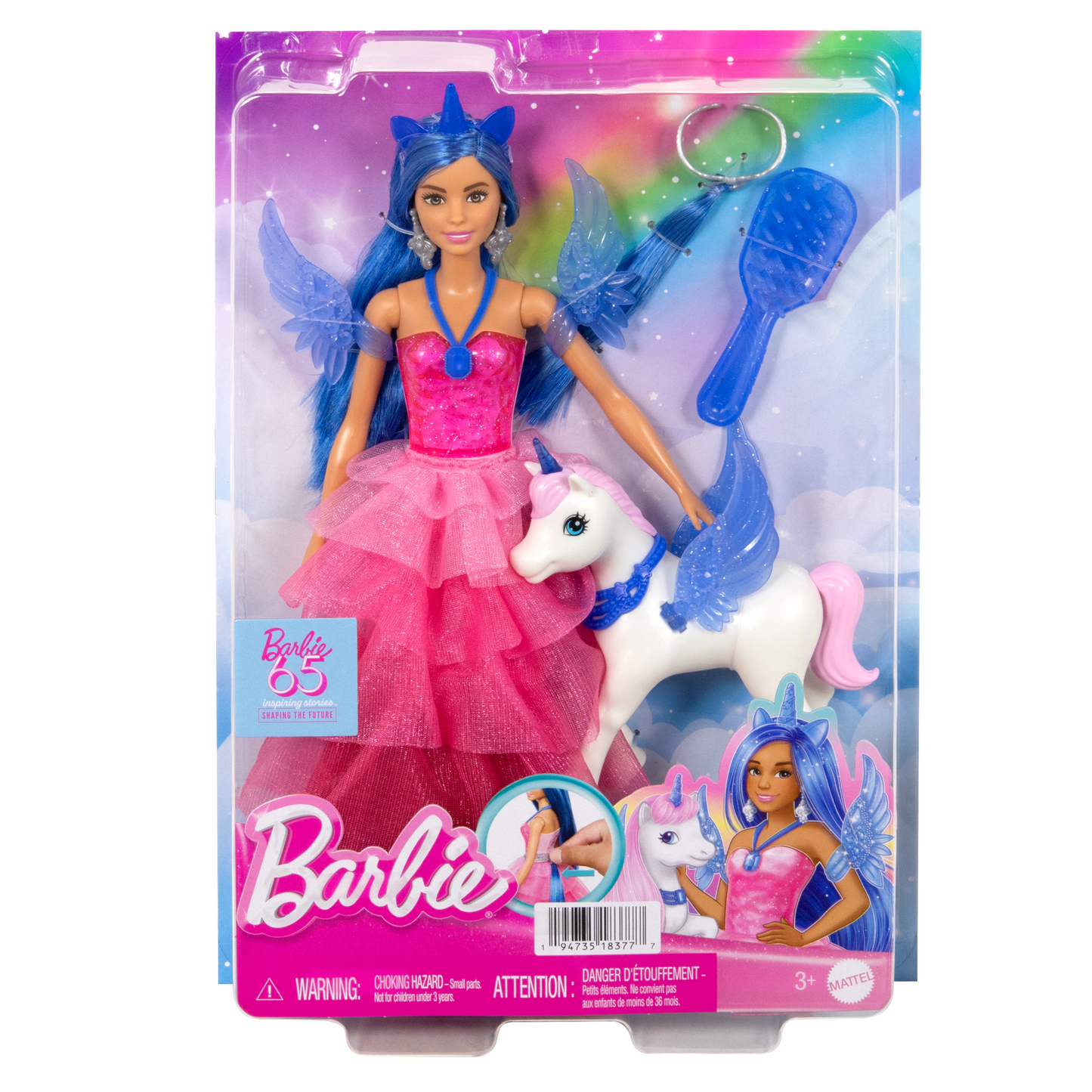 Barbie  65Anniversaire  Poup¨¦e et Animal  Licorne Ail¨¦e, Ch. Bleus