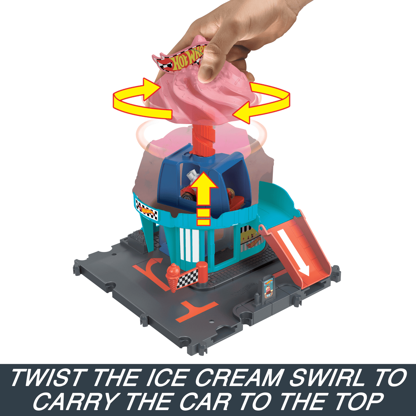 Hot Wheels City Downtown Ice Cream Swirl Playset From The Series ¡°Let's Race¡± With 1 Toy Car